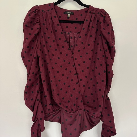 AFRM | Danna Polka Dot Long Sleeve Bodysuit | Burgundy Black Wrap Style Top - Picture 1 of 8